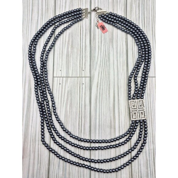 NWT Dark Gray Faux Pearl Mutli Strand Bead Necklace Long Layered Crystal Accent - Picture 7 of 8